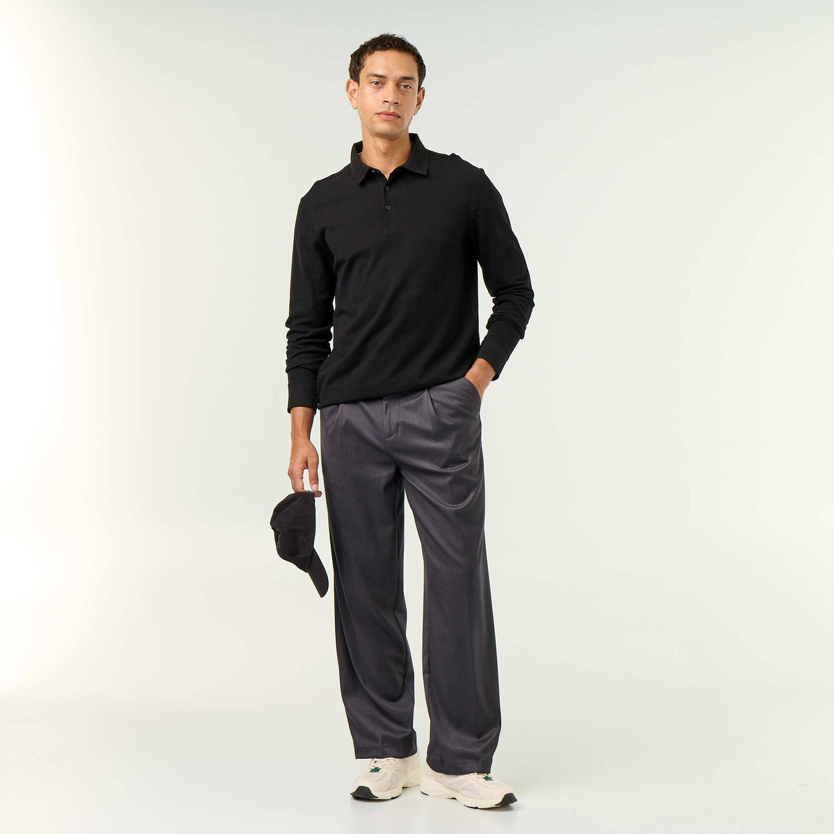 Polo en maille piquée manches longues NOIR