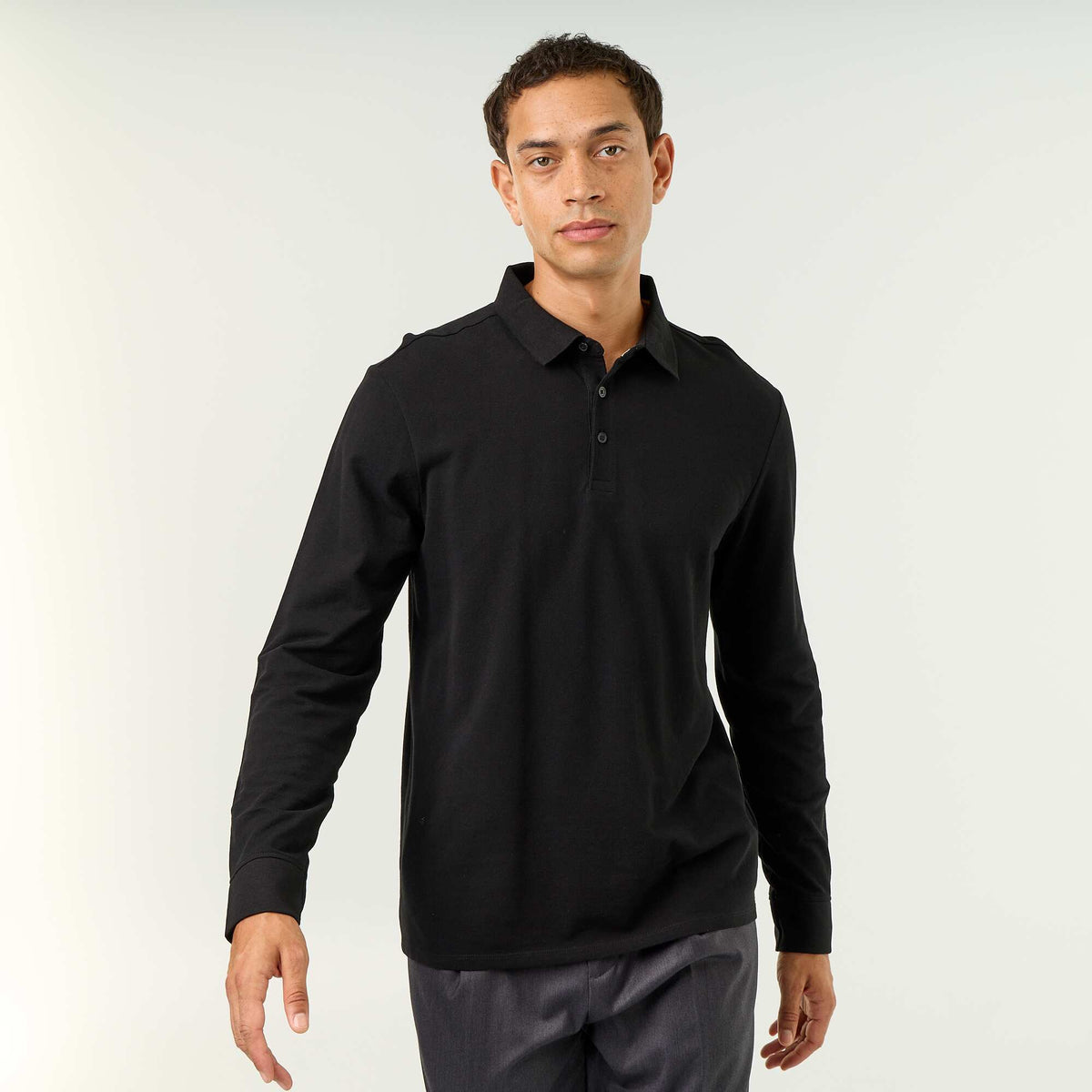 Polo en maille piquée manches longues NOIR