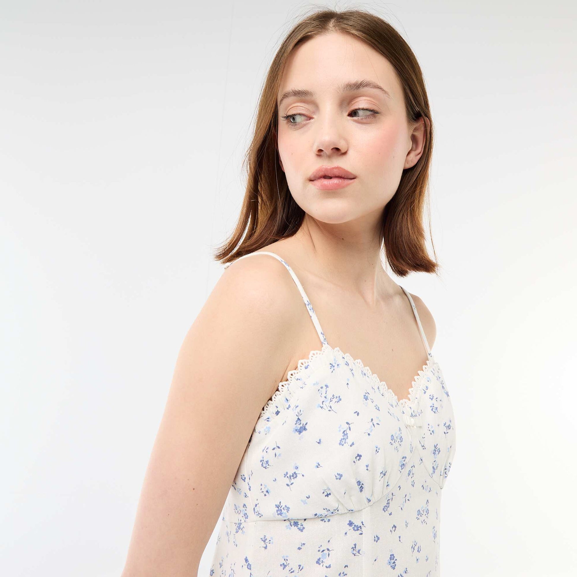 Robe fleurie en lin mélangé BLANC