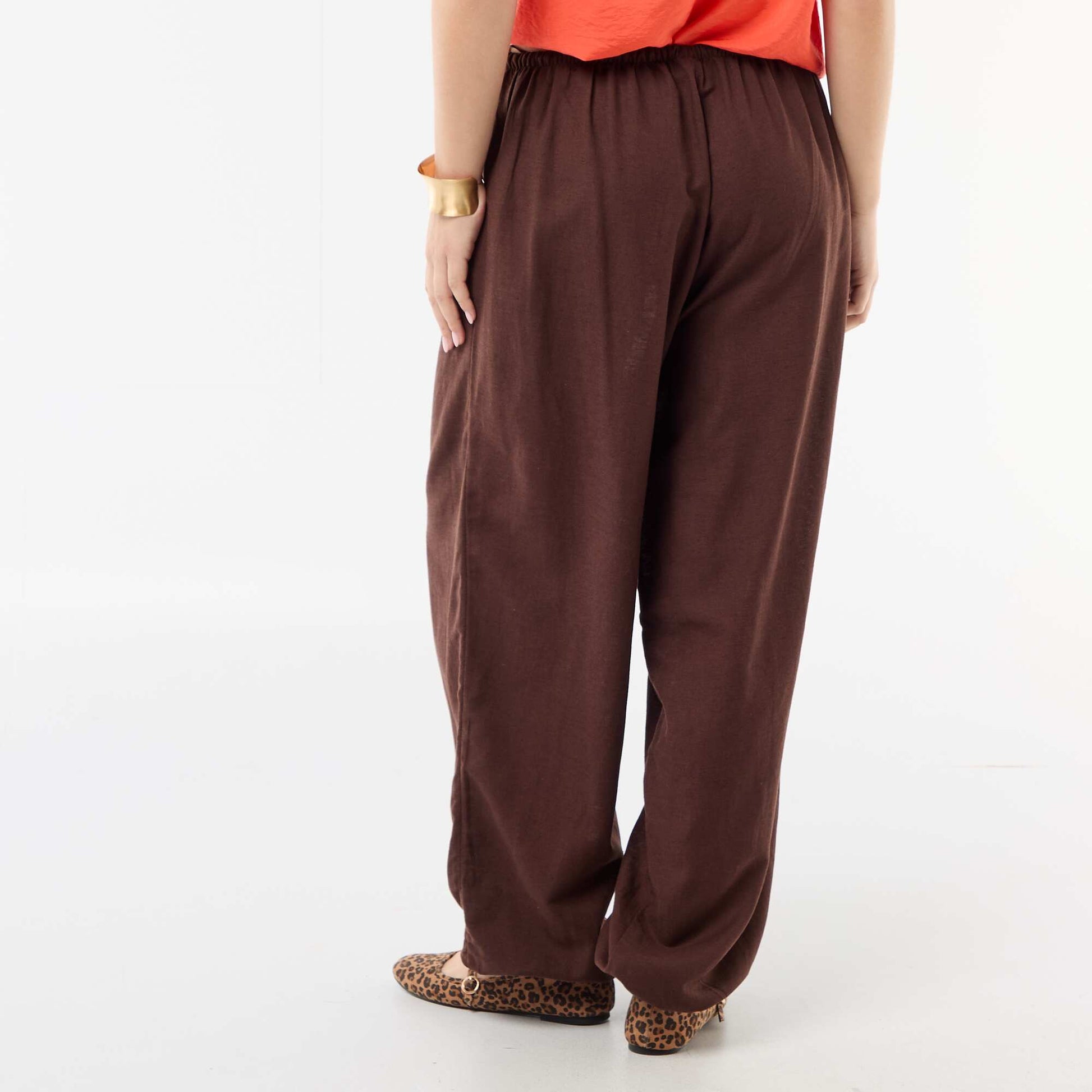 Pantalon large uni ceinture élastiquée MARRON