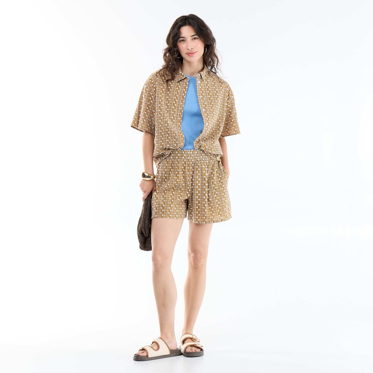 Chemise à manches courtes avec broderies MARRON
