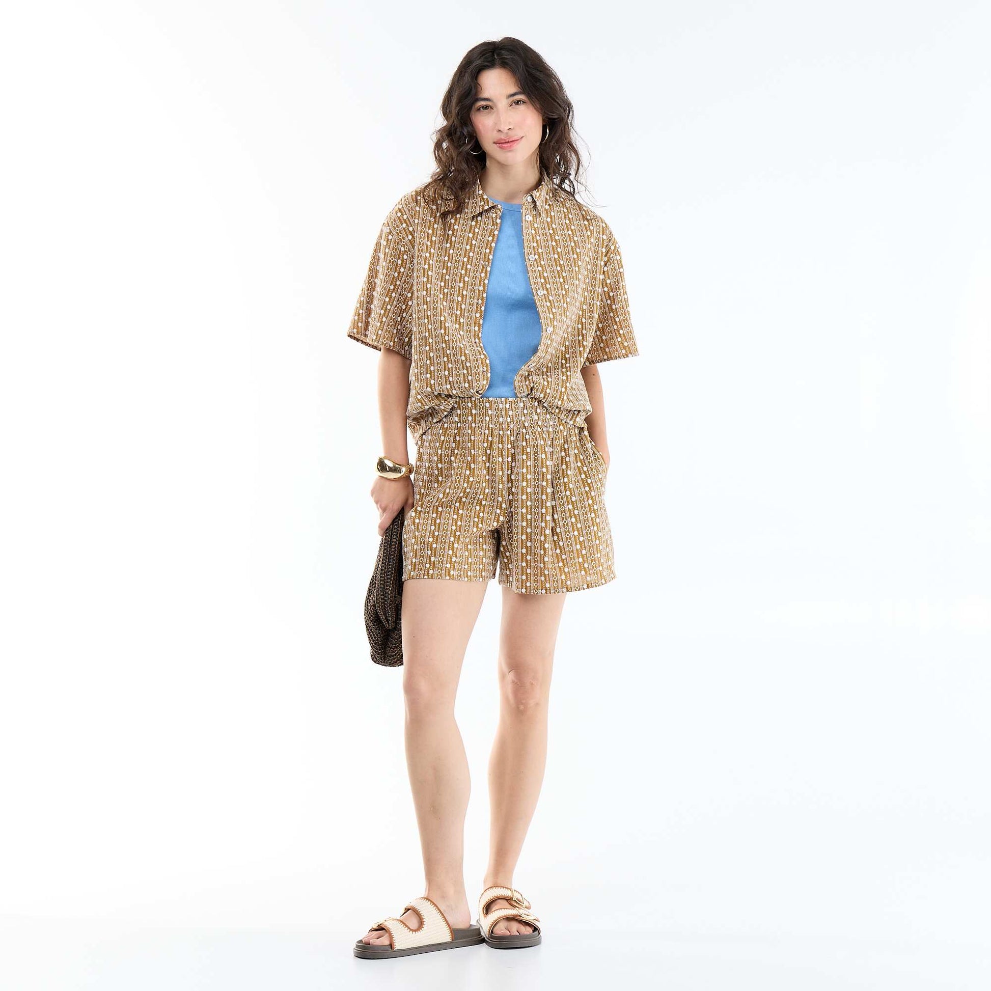 Chemise à manches courtes avec broderies MARRON