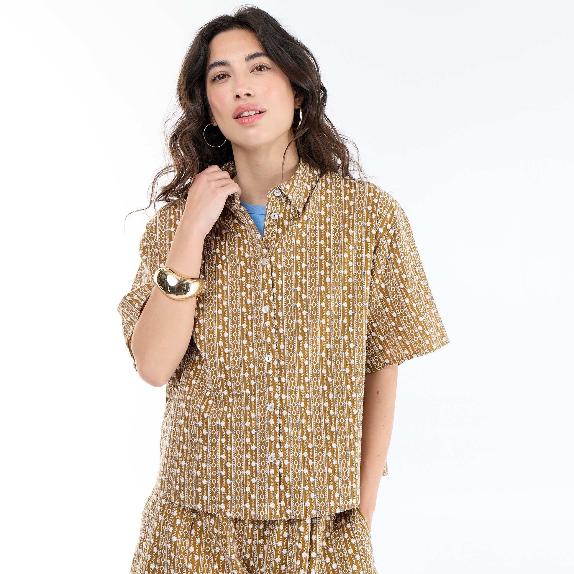 Chemise à manches courtes avec broderies MARRON