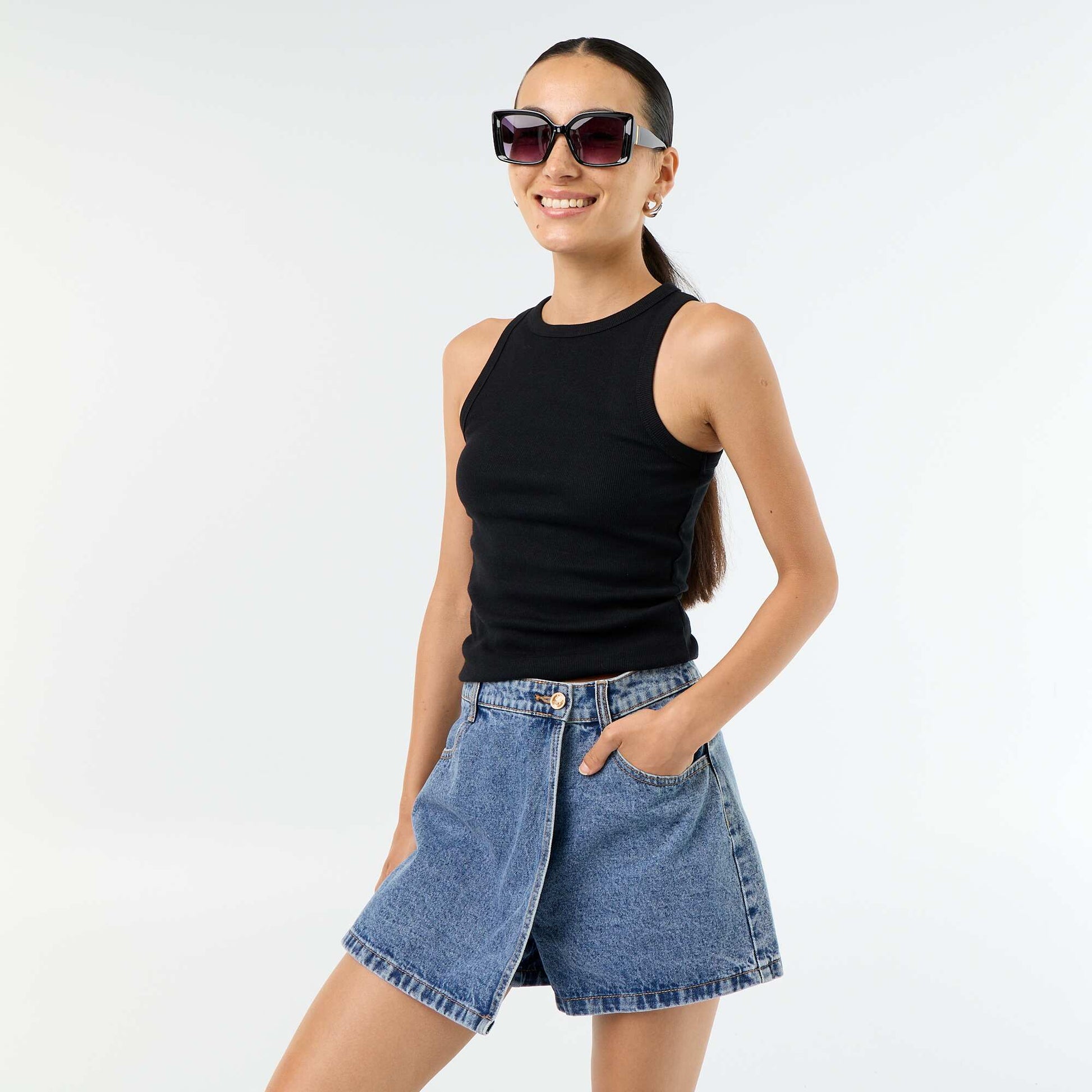 Skort en denim taille haute BLEU