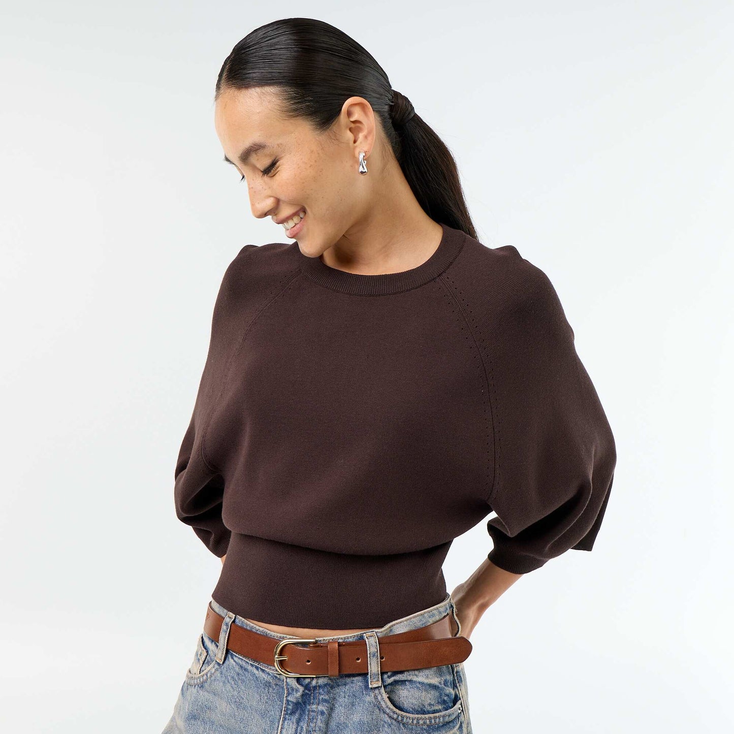 Pull manches courtes 3/4 MARRON