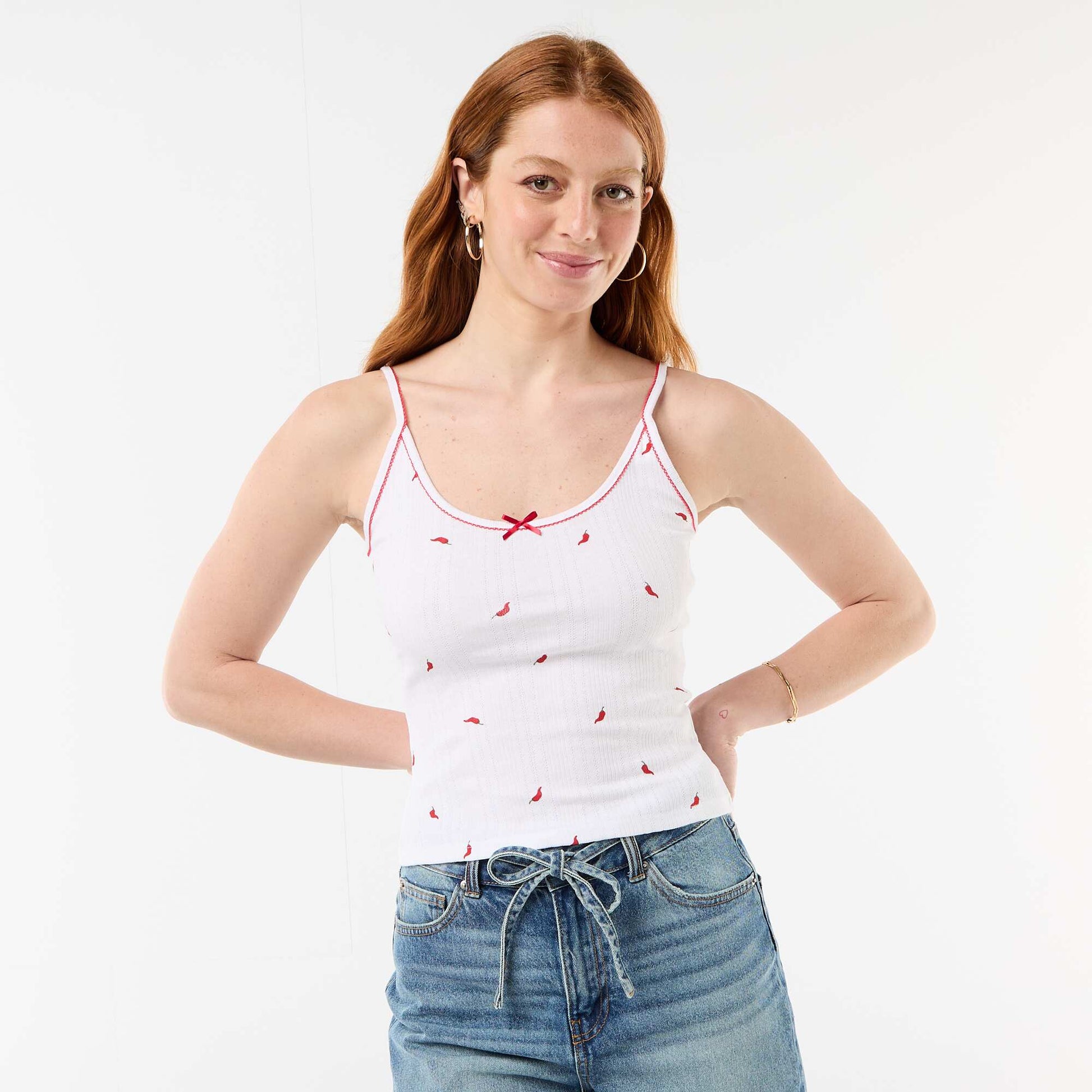 Débardeur en maille pointelle motif 'piment' BLANC