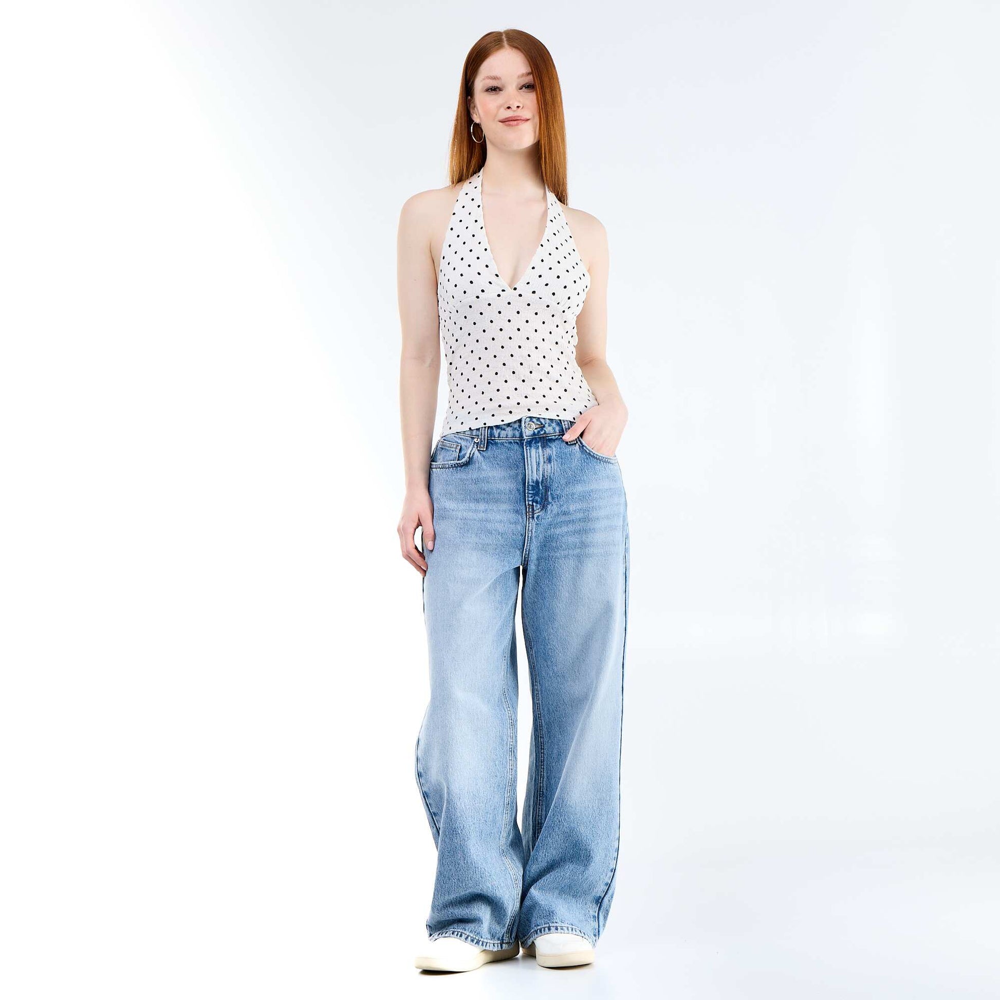 Top dos nu à pois en maille crinckle BLANC