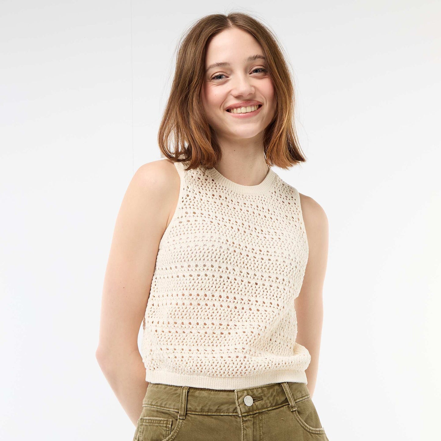Top en crochet ajouré avec emmanchures larges BEIGE