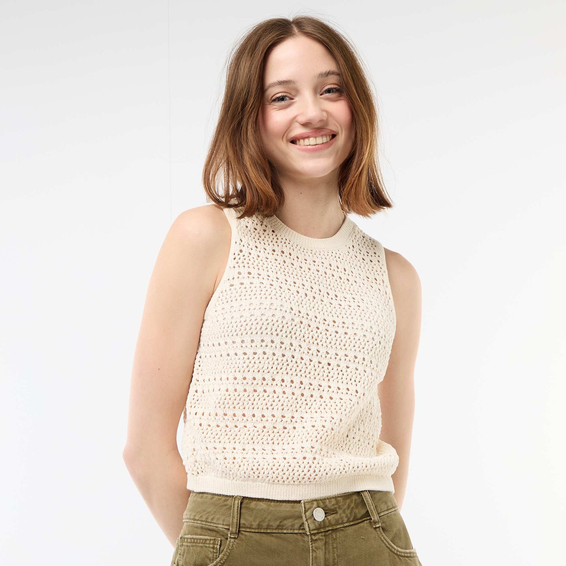 Top en crochet ajouré avec emmanchures larges BEIGE