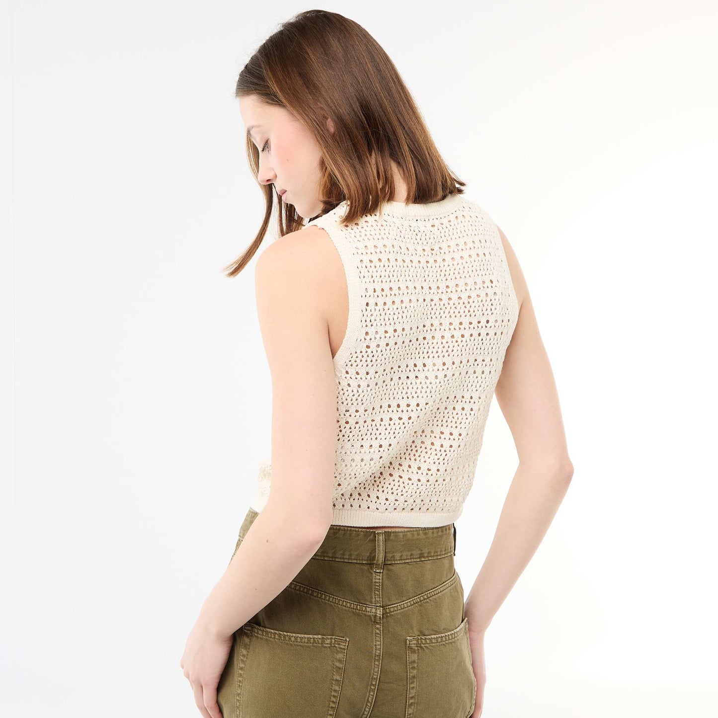 Top en crochet ajouré avec emmanchures larges BEIGE