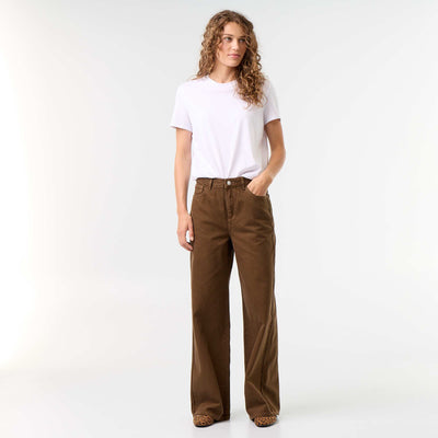 Pantalon en twill taille haute coupe wide leg MARRON