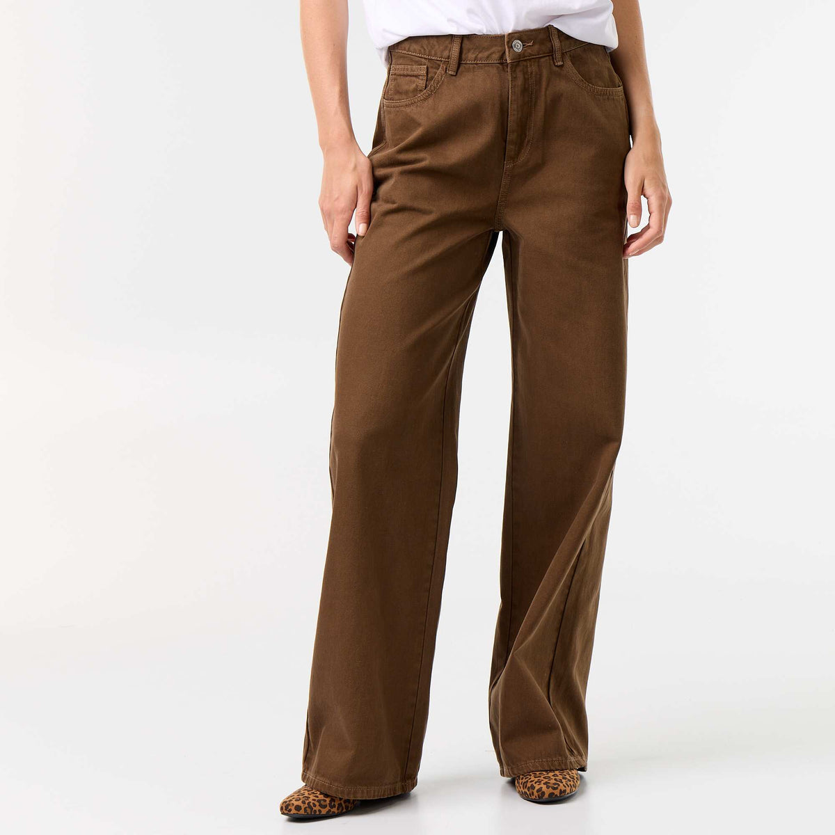 Pantalon en twill taille haute coupe wide leg MARRON