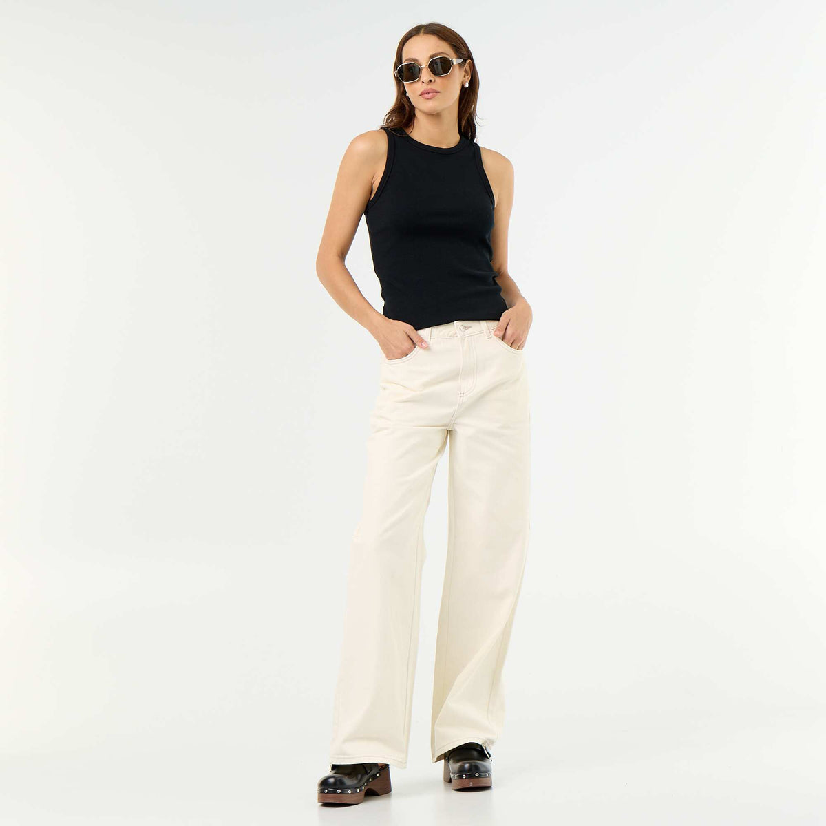 Pantalon en twill taille haute coupe wide leg BEIGE