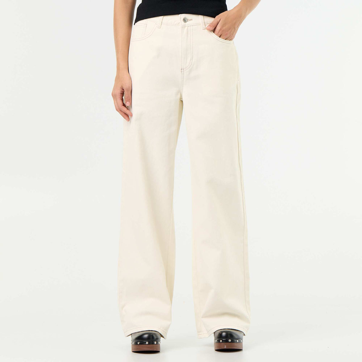 Pantalon en twill taille haute coupe wide leg BEIGE