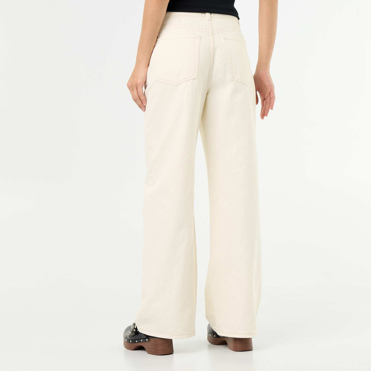 Pantalon en twill taille haute coupe wide leg BEIGE