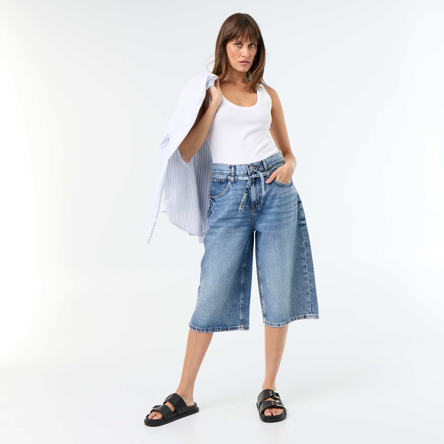 Bermuda en jean avec lien ceinture BLEU