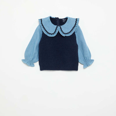 Pull 2 en 1 avec col claudine BLEU