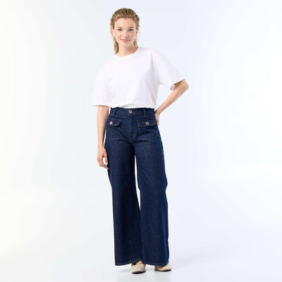 Pantalon denim brut wide leg avec boutons dorés BLEU