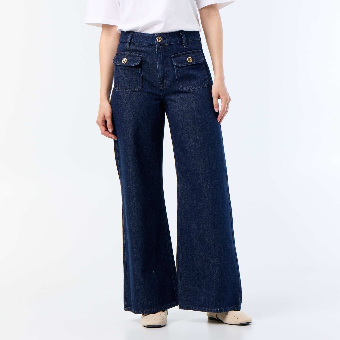 Pantalon denim brut wide leg avec boutons dorés BLEU