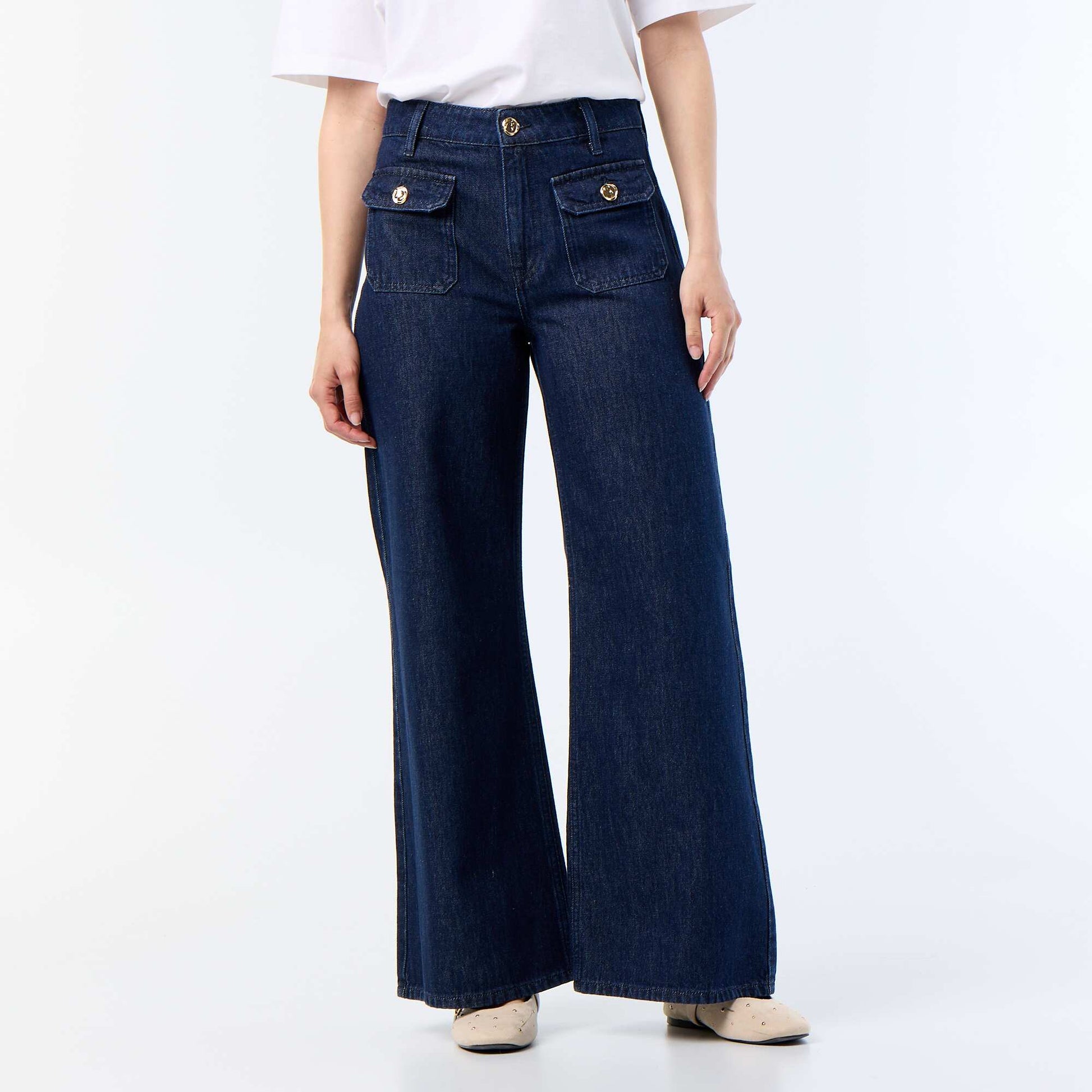 Pantalon denim brut wide leg avec boutons dorés BLEU