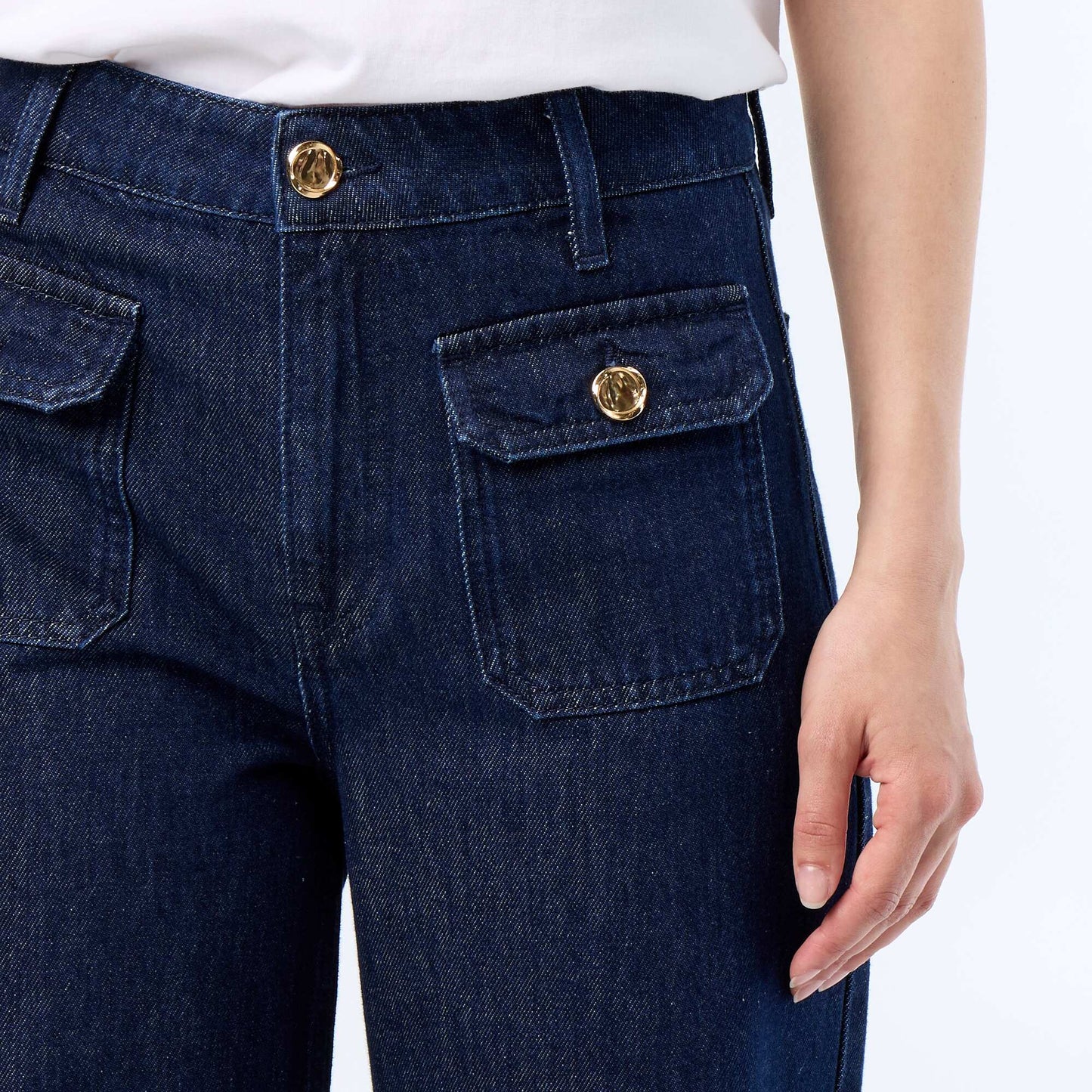 Pantalon denim brut wide leg avec boutons dorés BLEU