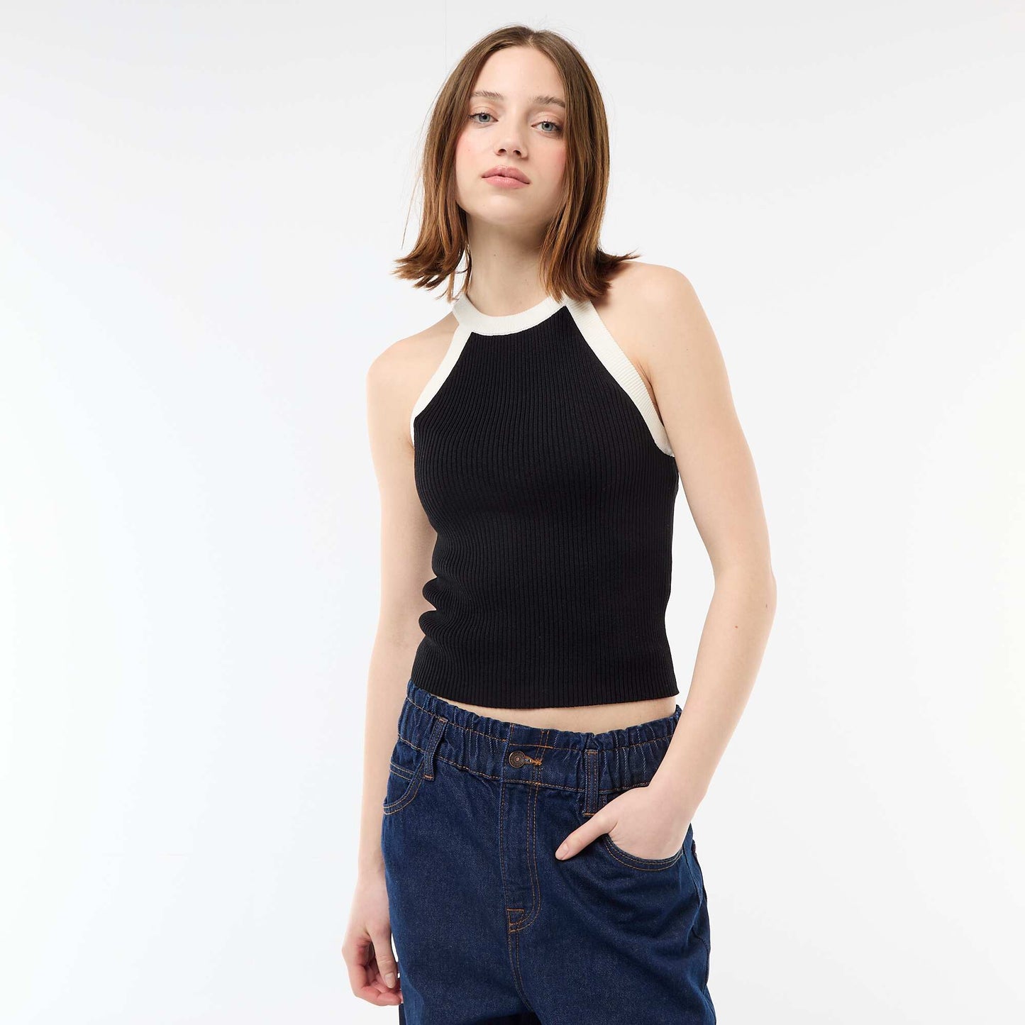 Top en maille à emmanchures américaines NOIR