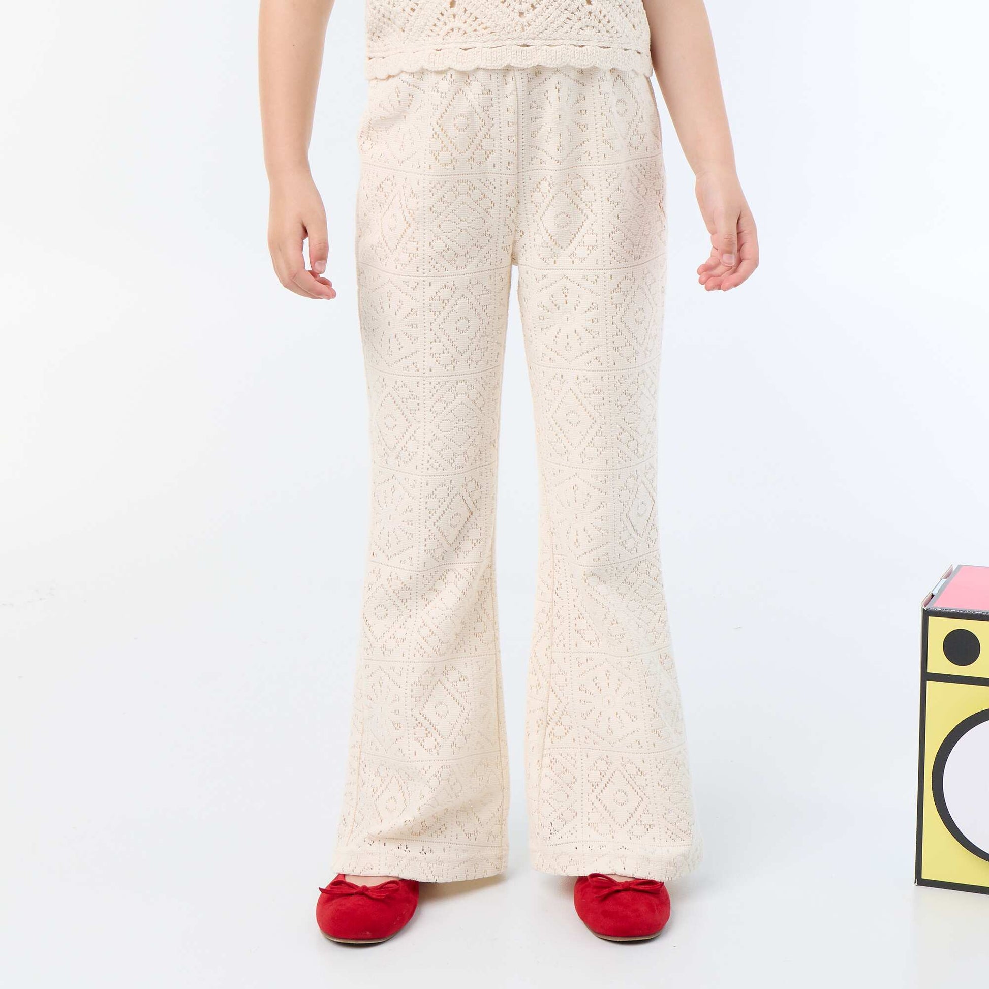 Pantalon en maille effet crochet coupe flare BEIGE