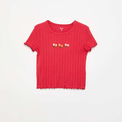 T-shirt brodé à manches courtes ROUGE