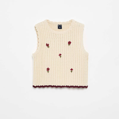 T-shirt sans manches en crochet avec des détails brodés BEIGE