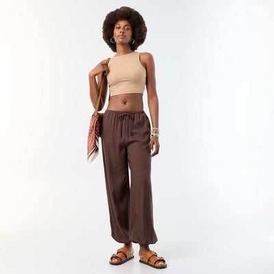 Pantalon coupe balloon uni avec 2 poches MARRON