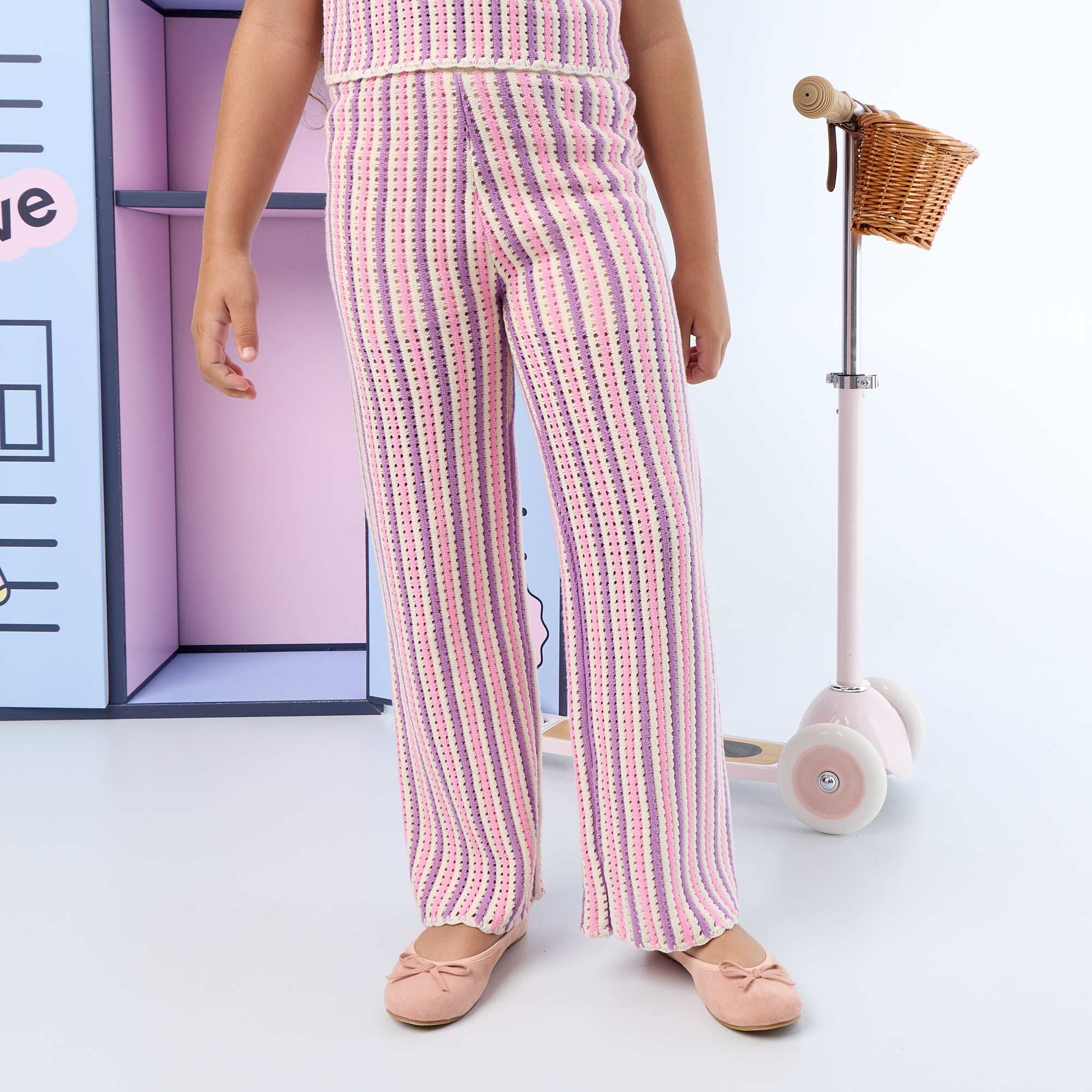 Pantalon en maille effet crochet à rayures VIOLET