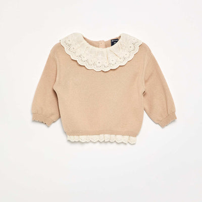 Pull avec col fantaisie en broderie anglaise BEIGE