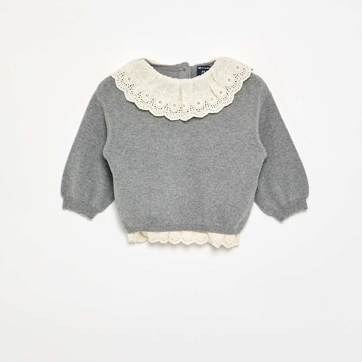 Pull avec col fantaisie en broderie anglaise GRIS