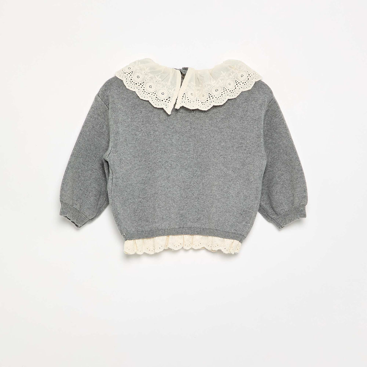 Pull avec col fantaisie en broderie anglaise GRIS