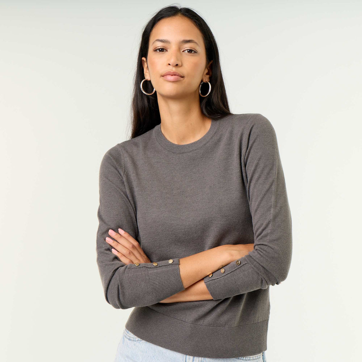 Pull col rond en maille fine jauge GRIS