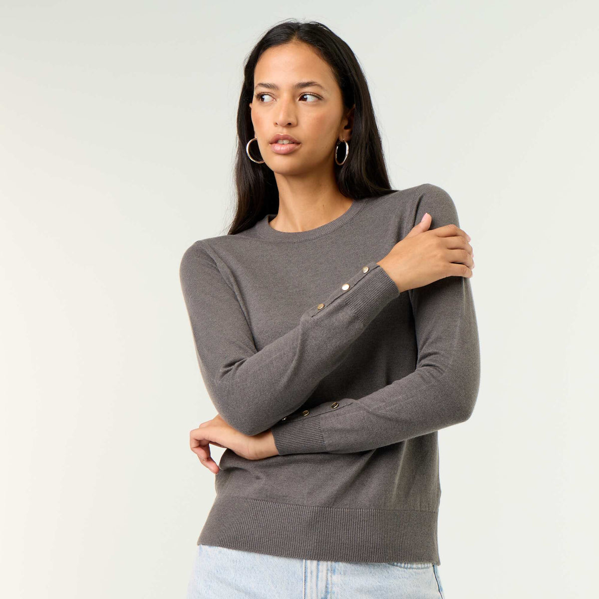 Pull col rond en maille fine jauge GRIS