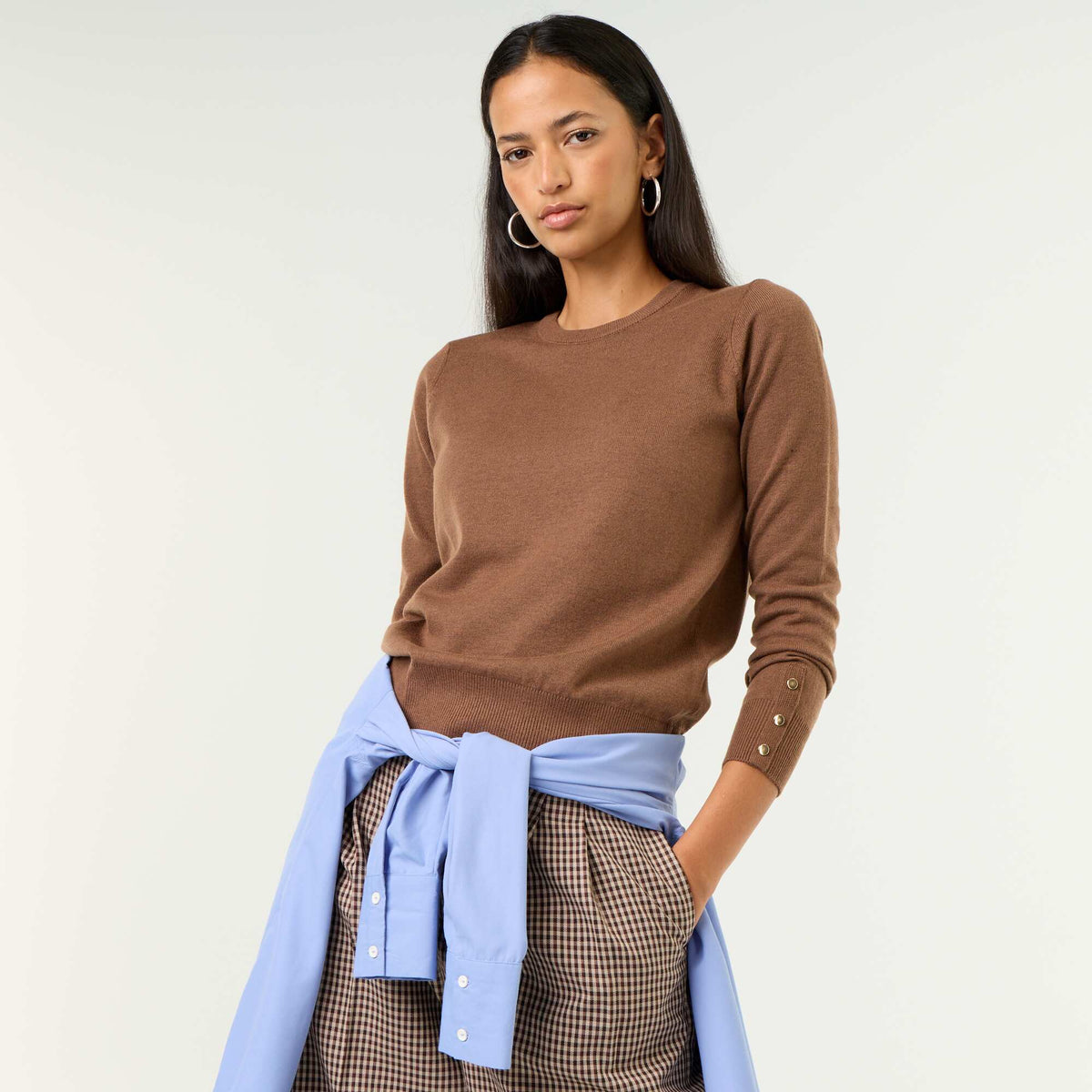 Pull col rond en maille fine jauge MARRON