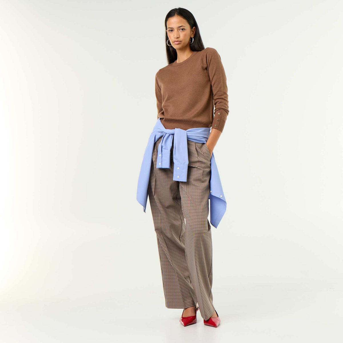Pull col rond en maille fine jauge MARRON