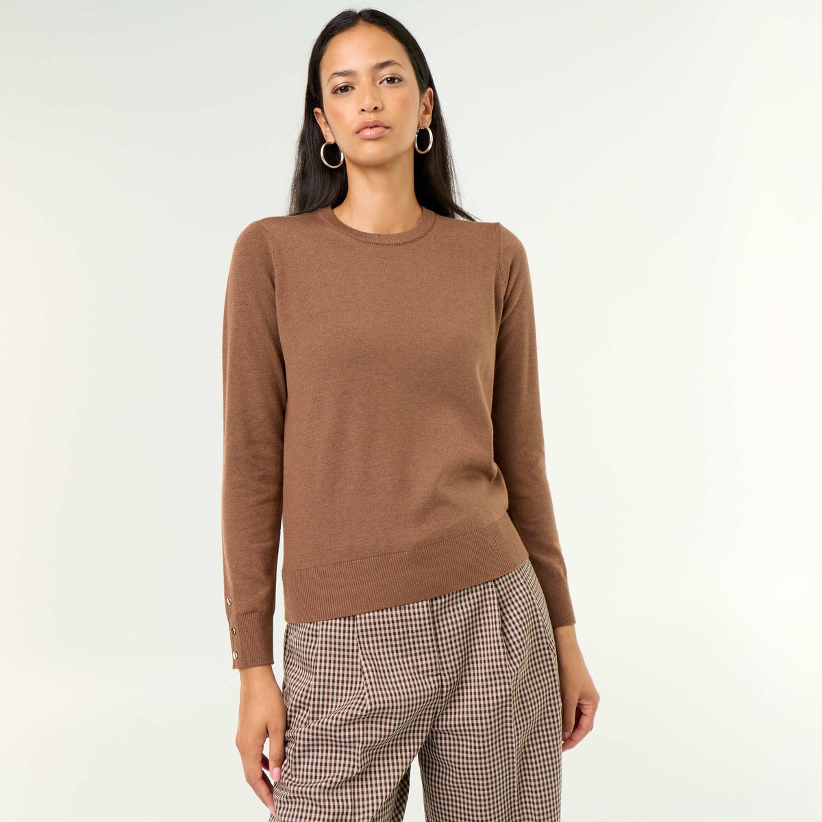 Pull col rond en maille fine jauge MARRON