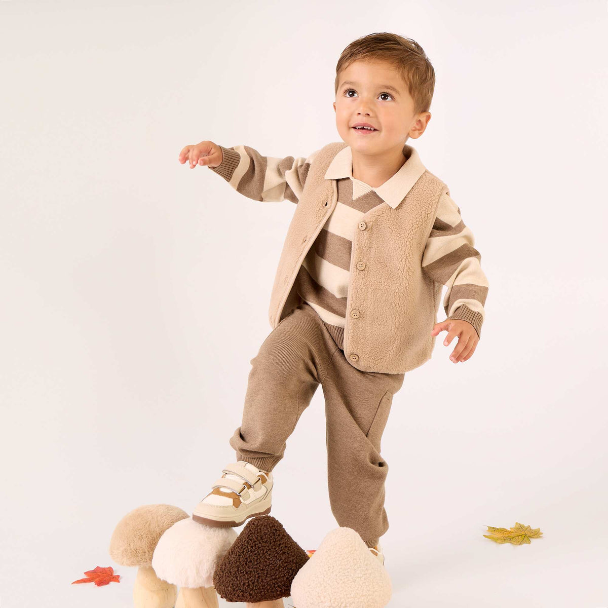 Pull rayé à manches longues et col polo BEIGE