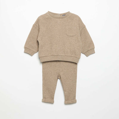 Ensemble 2 pièces en maille côtelée - Sweat + pantalon BEIGE