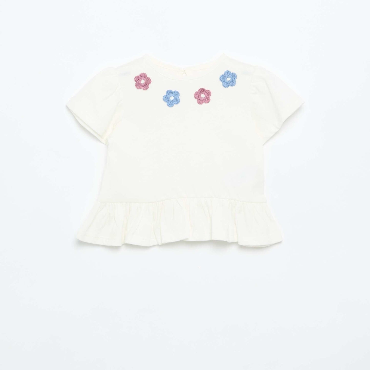 T-shirt manches courtes avec broderies et base volantée BLANC
