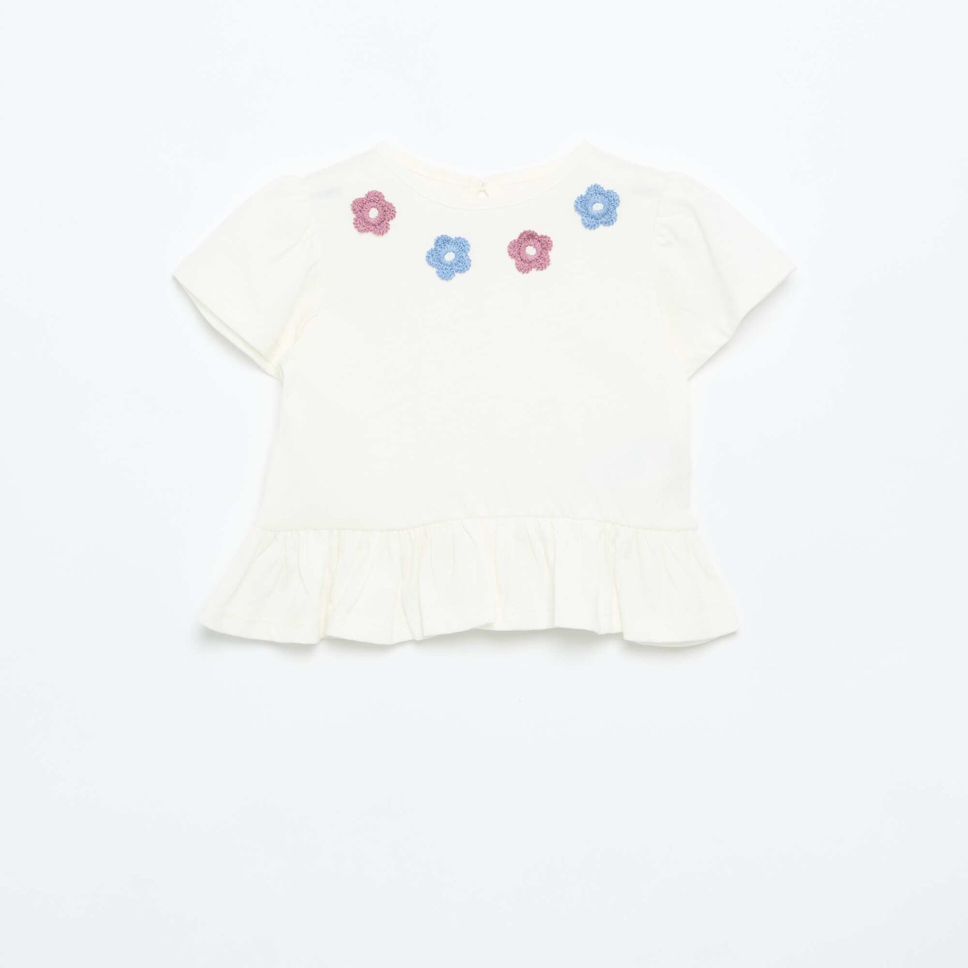 T-shirt manches courtes avec broderies et base volantée BLANC