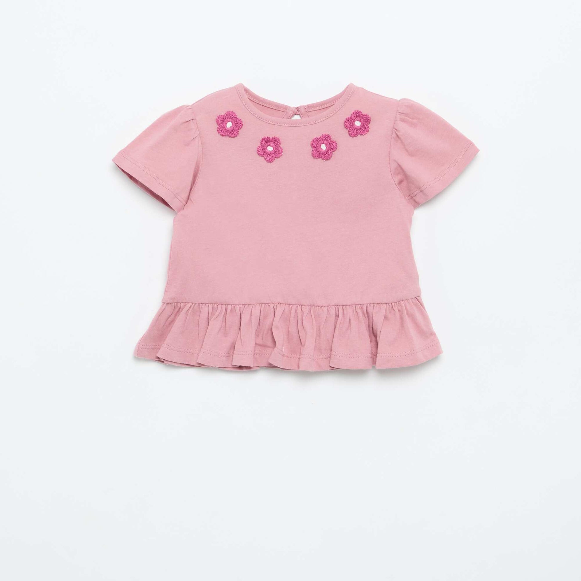 T-shirt manches courtes avec broderies et base volantée ROSE