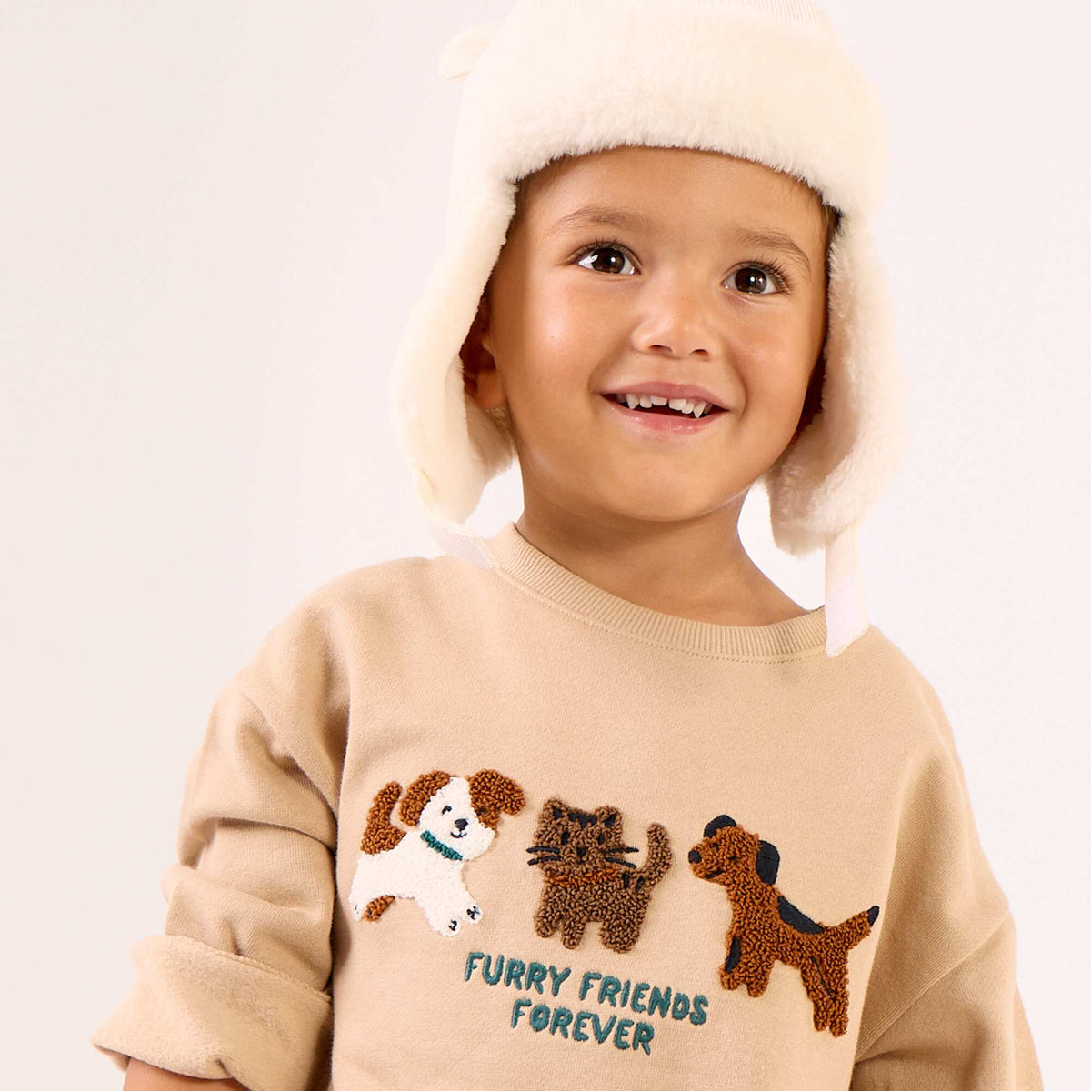 Sweat à manches longues en polaire avec animation BEIGE