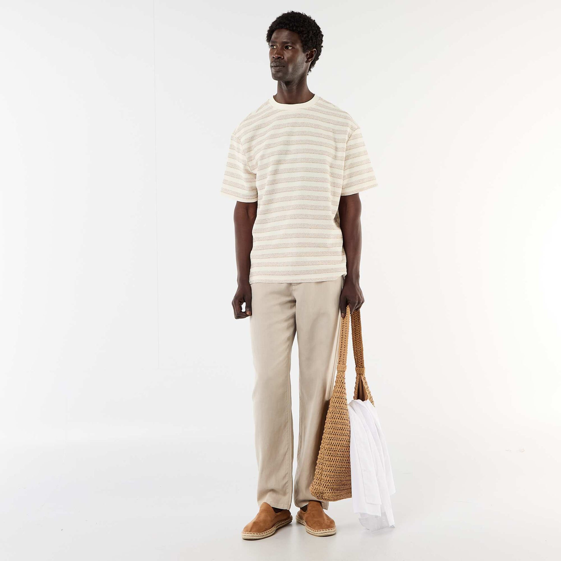 T-shirt en maille tricot à manches courtes BEIGE