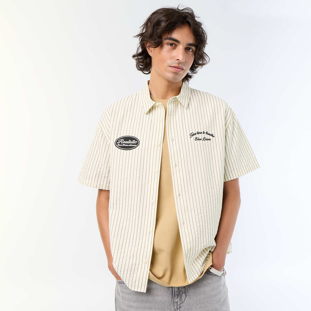 Chemise manches courtes  avec broderies BEIGE