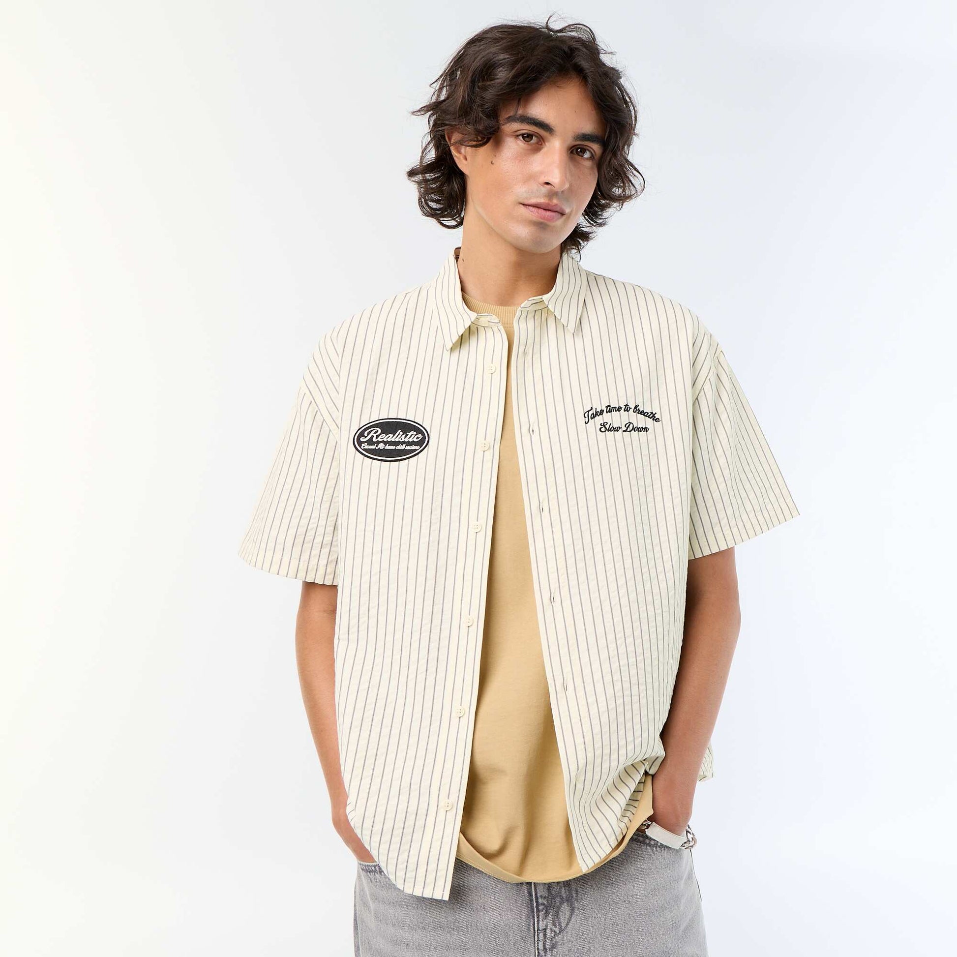 Chemise manches courtes  avec broderies BEIGE