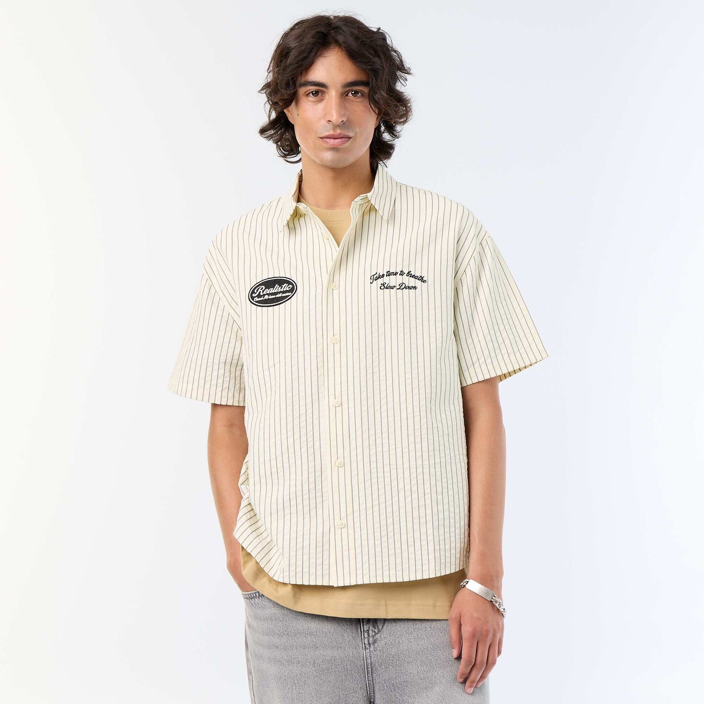 Chemise manches courtes  avec broderies BEIGE