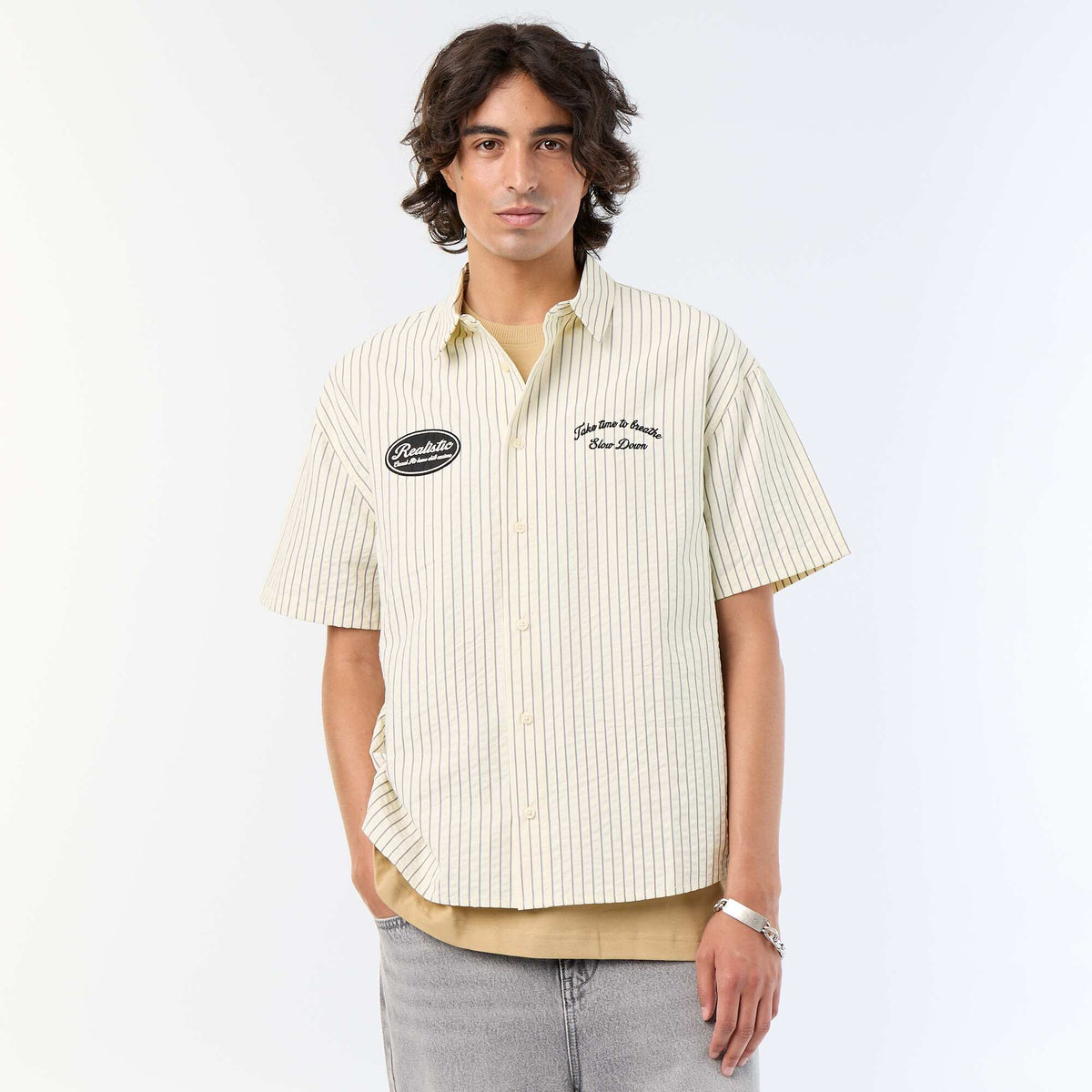 Chemise manches courtes  avec broderies BEIGE